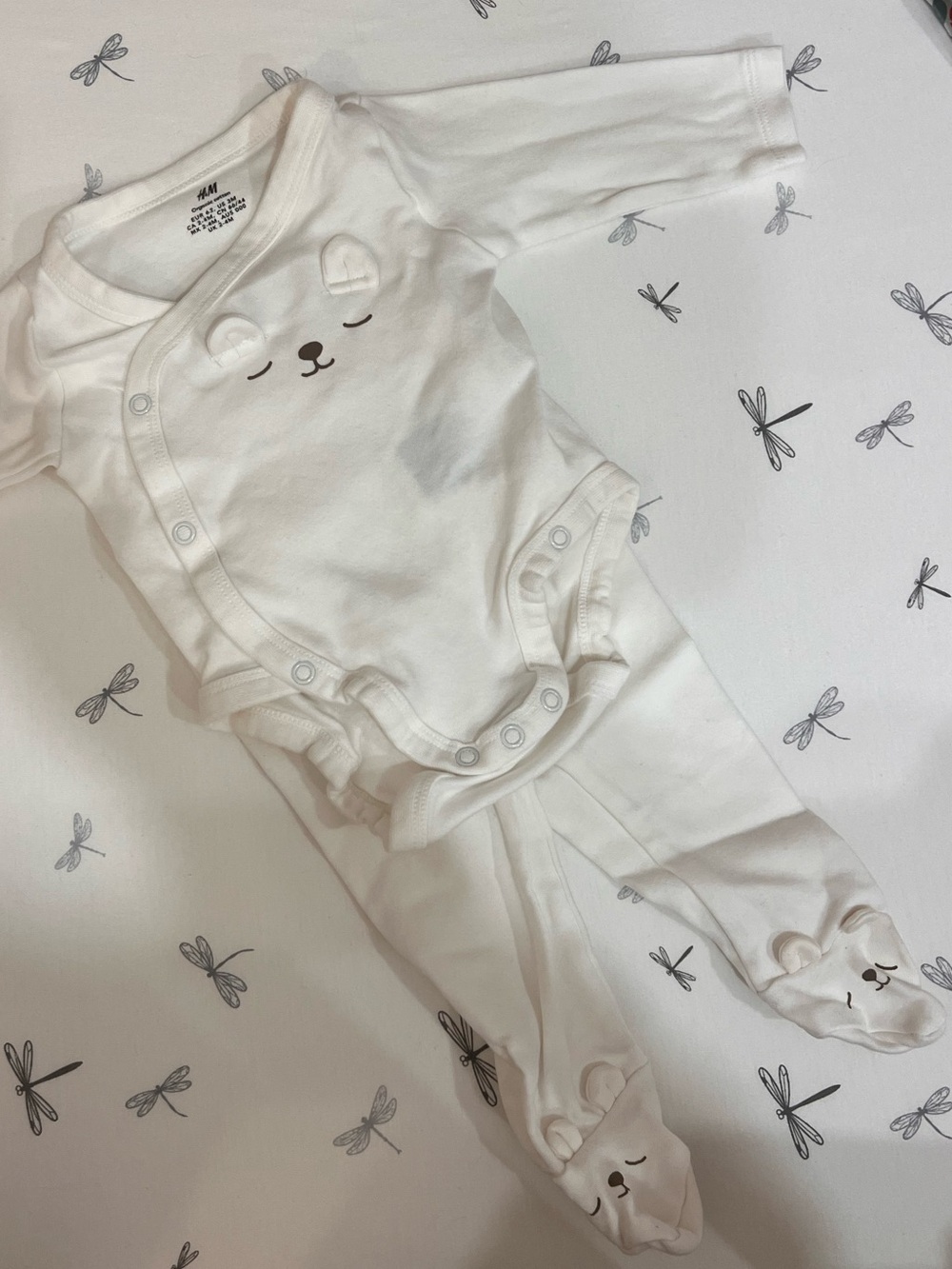 H&M White Bear Face Organic Cotton Footed One-Piece